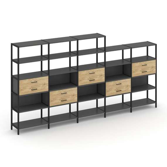 Shelf System Пятисекционный стеллаж пятиярусный с ящиками SN.STM-551 Антрацит/Тиквуд Светлый/Металл