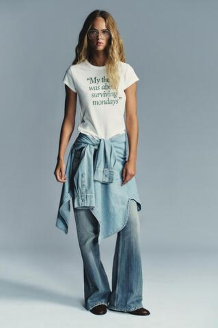 ZARA ФУТБОЛКА В СТИЛЕ РУСТИК С НАДПИСЬЮ, БЕЛЫЙ/ЗЕЛЕНЫЙ