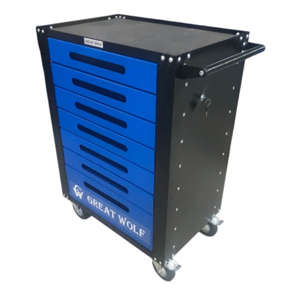 Инструментальная тележка GWT-B7L (7 ящиков, центральный замок, колеса с тормозом, синяя)