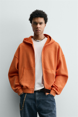 ZARA ХУДИ ИЗ ВАФЕЛЬНОЙ ТКАНИ С ЭФФЕКТОМ ПОТЕРТОСТИ, ОРАНЖЕВЫЙ МЕЛАНЖ