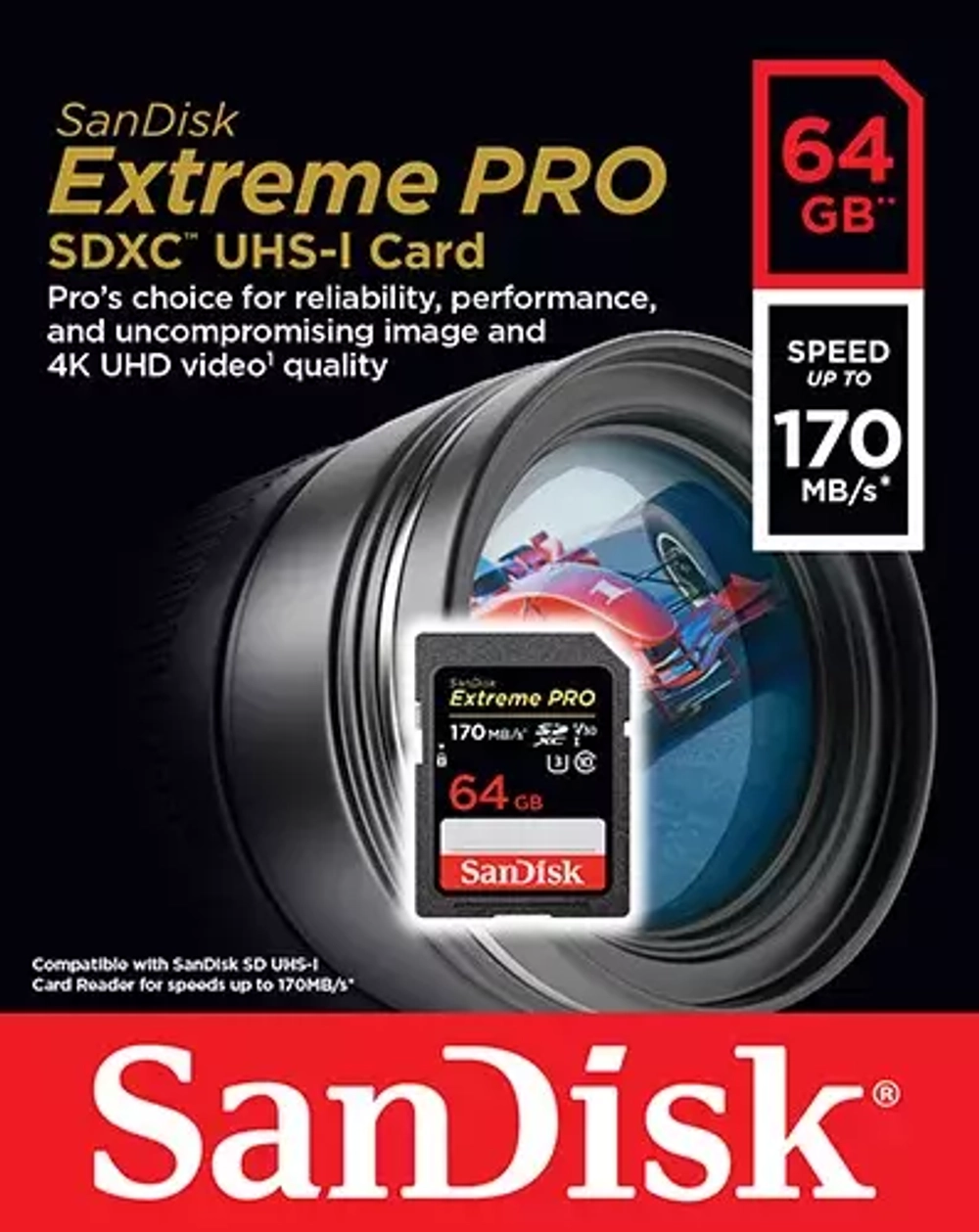 Карта памяти SanDisk SDXC Extreme Pro Class 10 UHS-I U3 (170/90MB/s) 64GB