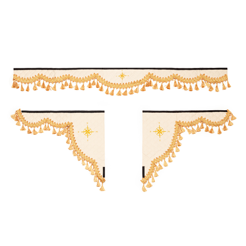 Ламбрекен 1,8м с косынками универсальные стеганые Роза Ветров (экокожа, бежевый, золотые кисточки)