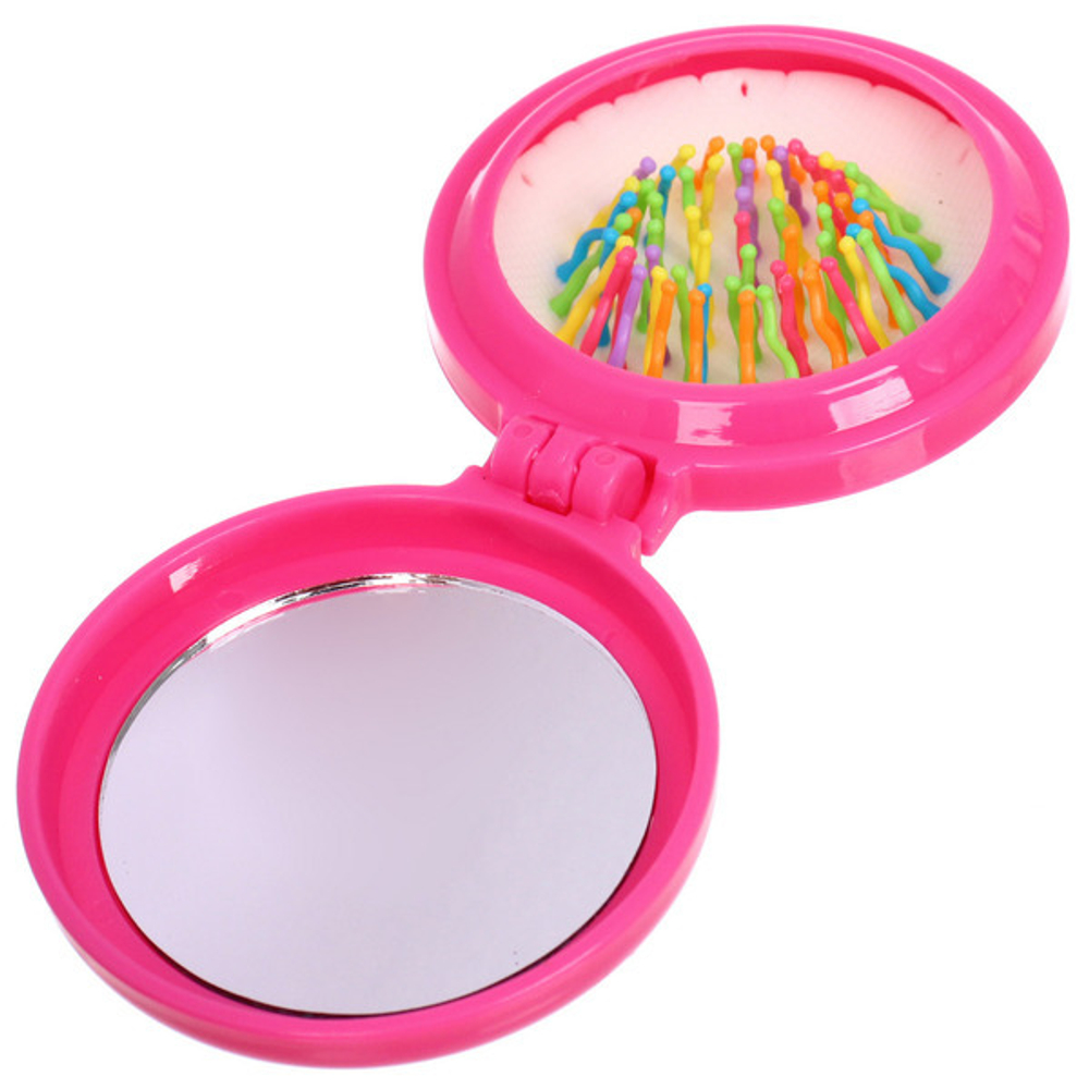 Расческа массажная детская складная «Barbariska», с зеркалом, Маргоша, разноцветные зубчики, цвет ярко - розовый, d-7см