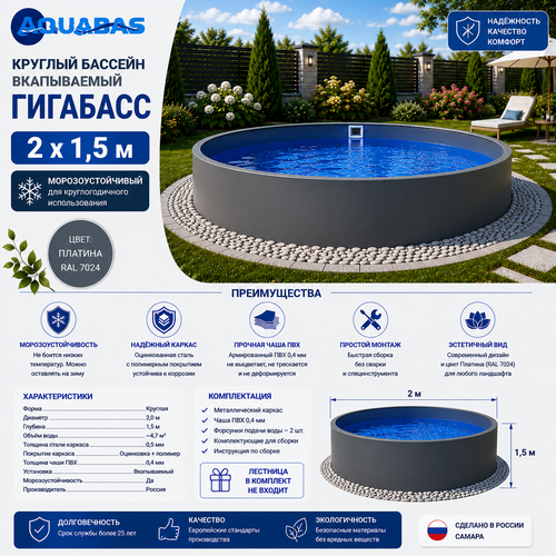 Круглый бассейн ГИГАБАСС 2 х 1,5 м вкапываемый Платина RAL 7024 морозоустойчивый