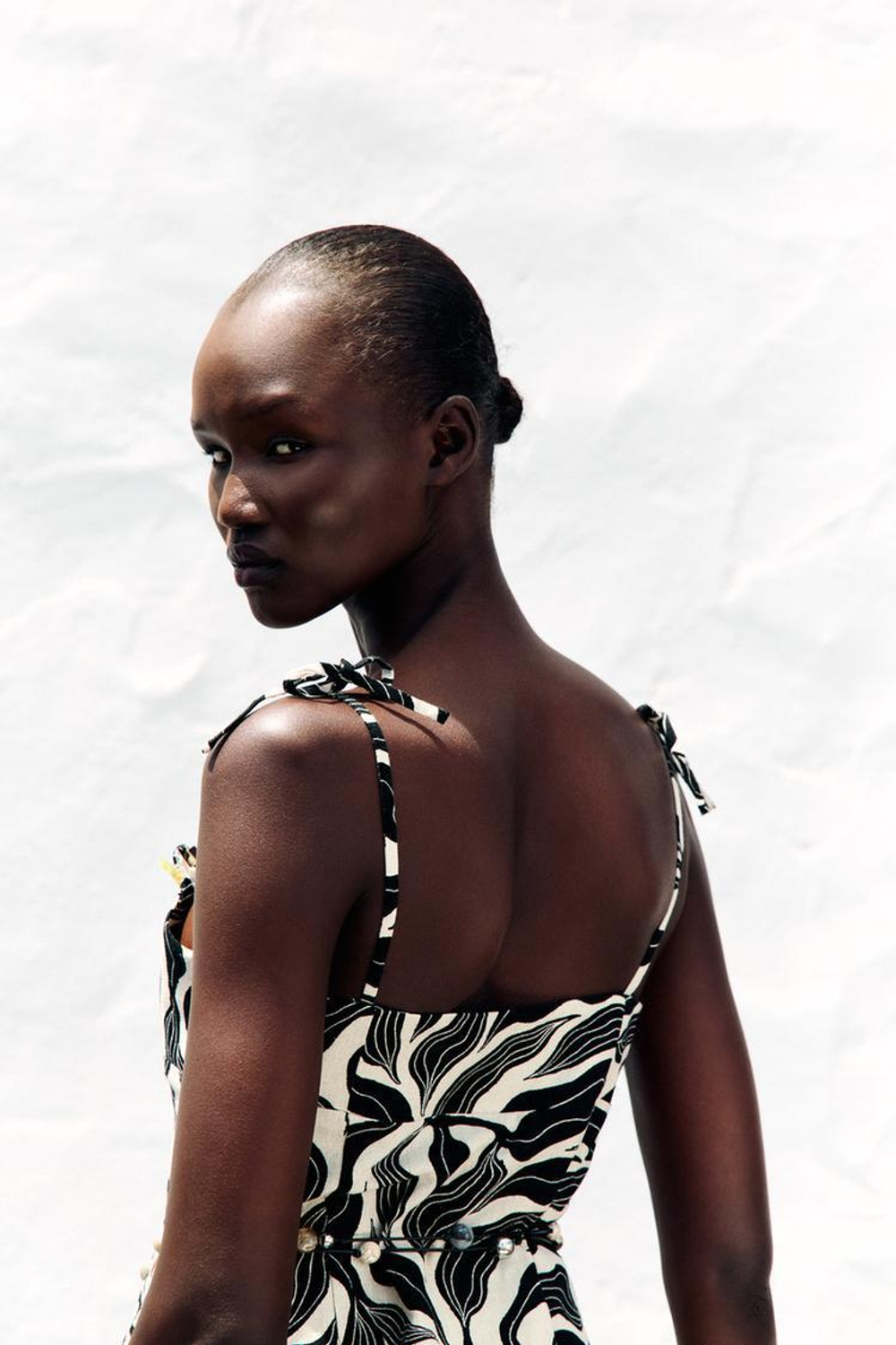 ZARA ТОП ИЗ СМЕСОВОГО ЛЬНА С ПРИНТОМ, ЧЕРНЫЙ/ЭКРЮ