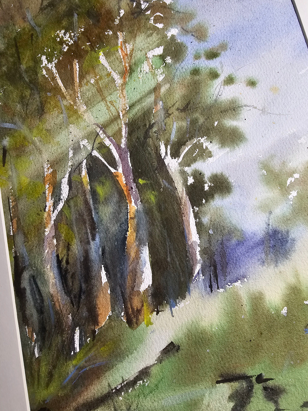 Картина акварельная в паспарту 30х40 см на стену для интерьера "В тени деревьев"