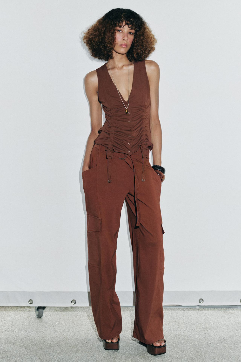 ZARA ТОП В БЕЛЬЕВОМ СТИЛЕ С ЛЕНТАМИ, ТЕРРАКОТОВЫЙ