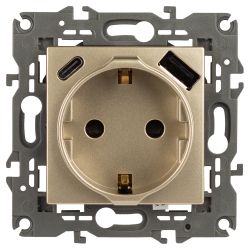 Розетка ЭРА Elegance 14-4108-04 2P+E 16A-250В со шторками с USB type-A+C 5В-3А шампань