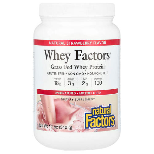Natural Factors, Whey Factors, сывороточный протеин травяного откорма, натуральная клубника, 340 г (12 унций)