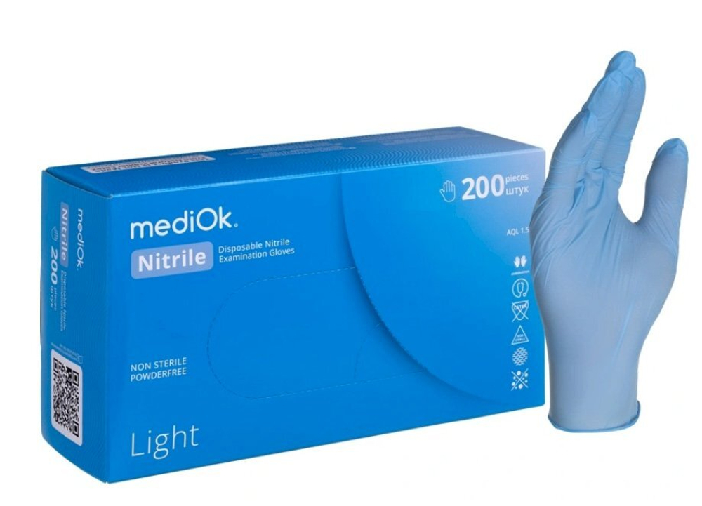 Перчатки нитриловые MediOk, размер XL, голубые, 200 штук