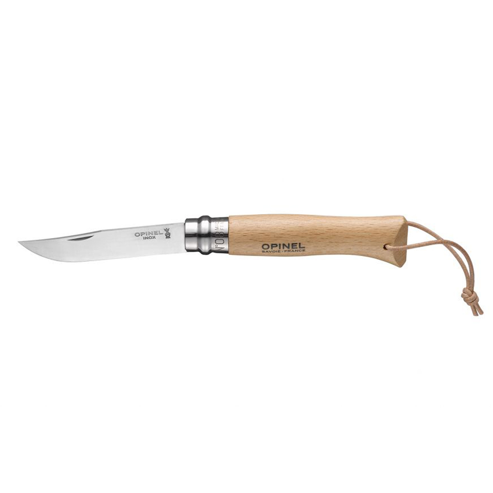 Нож Opinel №8, нержавеющая сталь, бук, с кожаным темляком