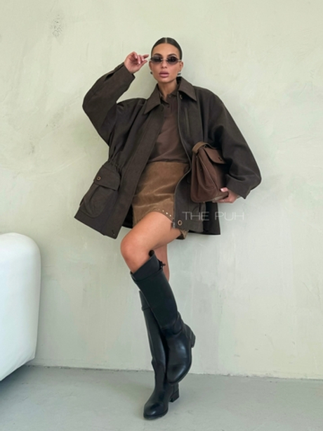 Парка из эко-замши шоколадного цвета