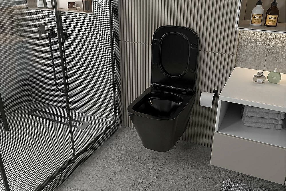 Унитаз подвесной ABBER Rechteck AC1201MB черный матовый с инсталляцией AC0105 и кнопкой AC0120MB черный матовый, безободковый, с крышкой микролифт