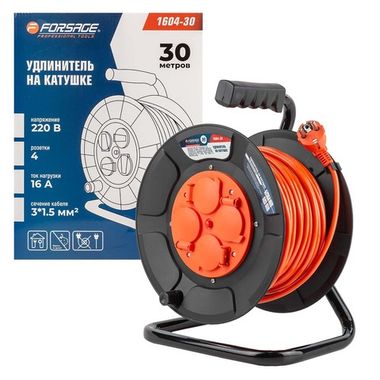 Удлинитель на катушке с розетками 30м (220В, 3х1.5мм?,16А,4 розетки) Forsage F-1604-30