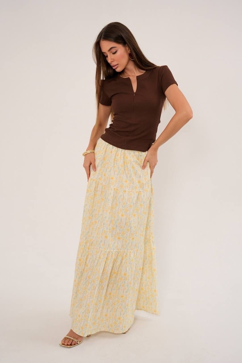 Юбка из хлопка ярусная в мелкий цветочек в макси длине