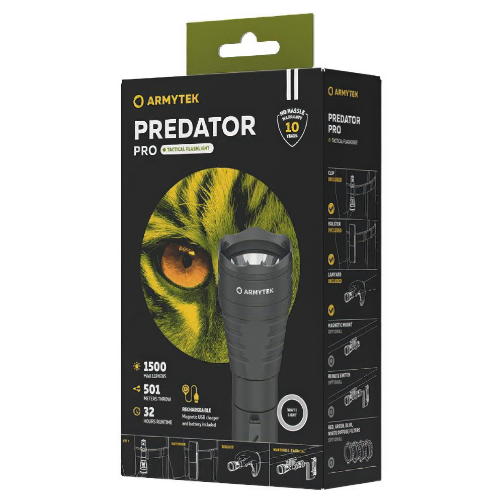 Тактический фонарь Armytek Predator Pro Magnet USB — чёткое центральное пятно с минимальной боковой засветкой.