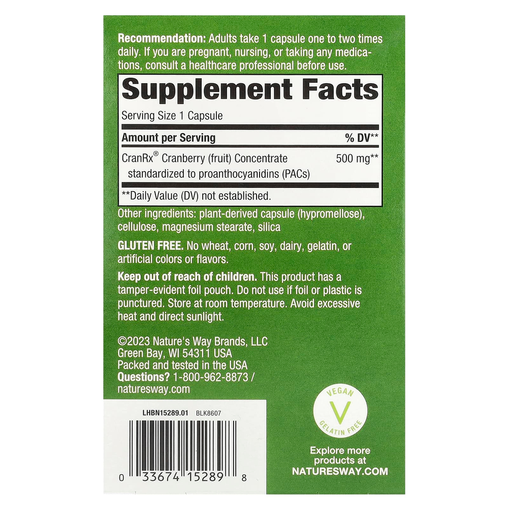 Nature's Way, CranRx®, биоактивная клюква, 500 мг, 30 капсул