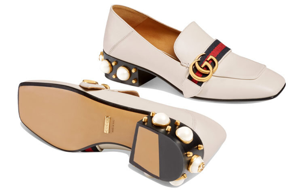 GUCCI Gucci Double G series leather Pearls and rivets fashion Loafers high heels women's White