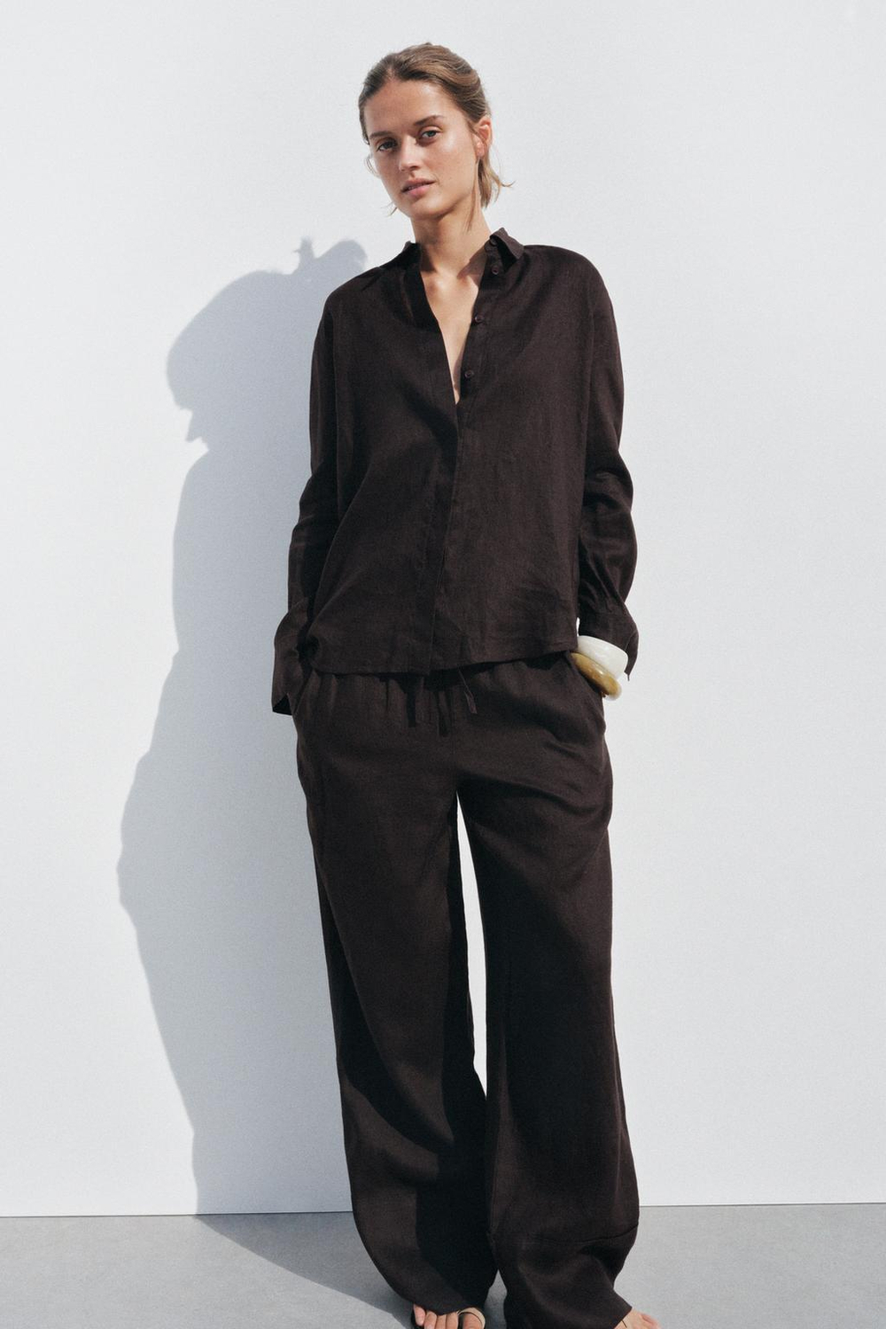 ZARA БРЮКИ ПАЛАЦЦО ИЗ 100% ЛЬНА — ZW COLLECTION, КОРИЧНЕВЫЙ