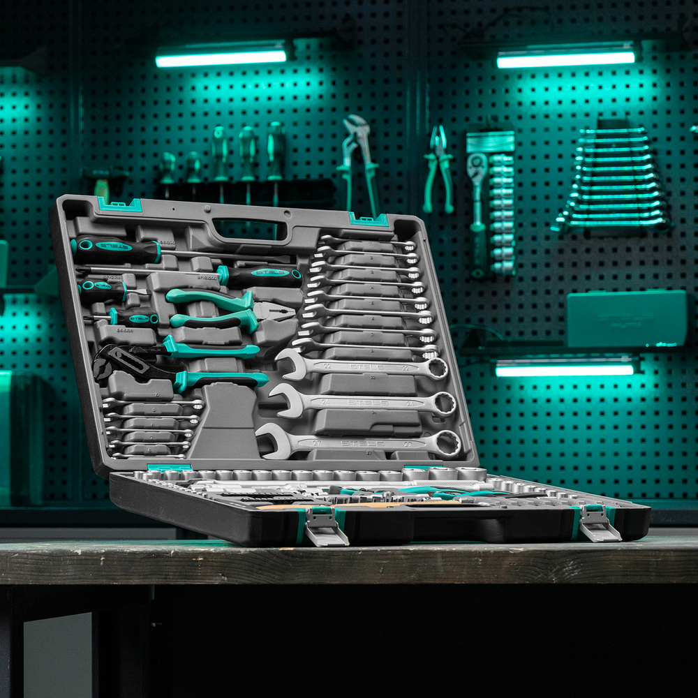 Набор инструментов, 1/4", 1/2", Cr-V, S2, усиленный кейс, 119 предметов Stels