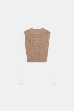 ZARA КОМБИНИРОВАННАЯ ФУТБОЛКА С ЖИЛЕТОМ, МЯГКИЙ КАШТАНОВЫЙ