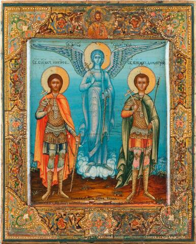 Никита и Дмитрий святые воины великомученики с Ангелом Хранителем. Деревянная икона на левкасе