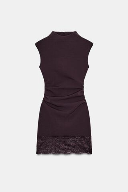 ZARA КОРОТКОЕ ПЛАТЬЕ ИЗ ЭЛАСТИЧНОЙ ТКАНИ С КРУЖЕВОМ, ТЕМНО-КОРИЧНЕВЫЙ