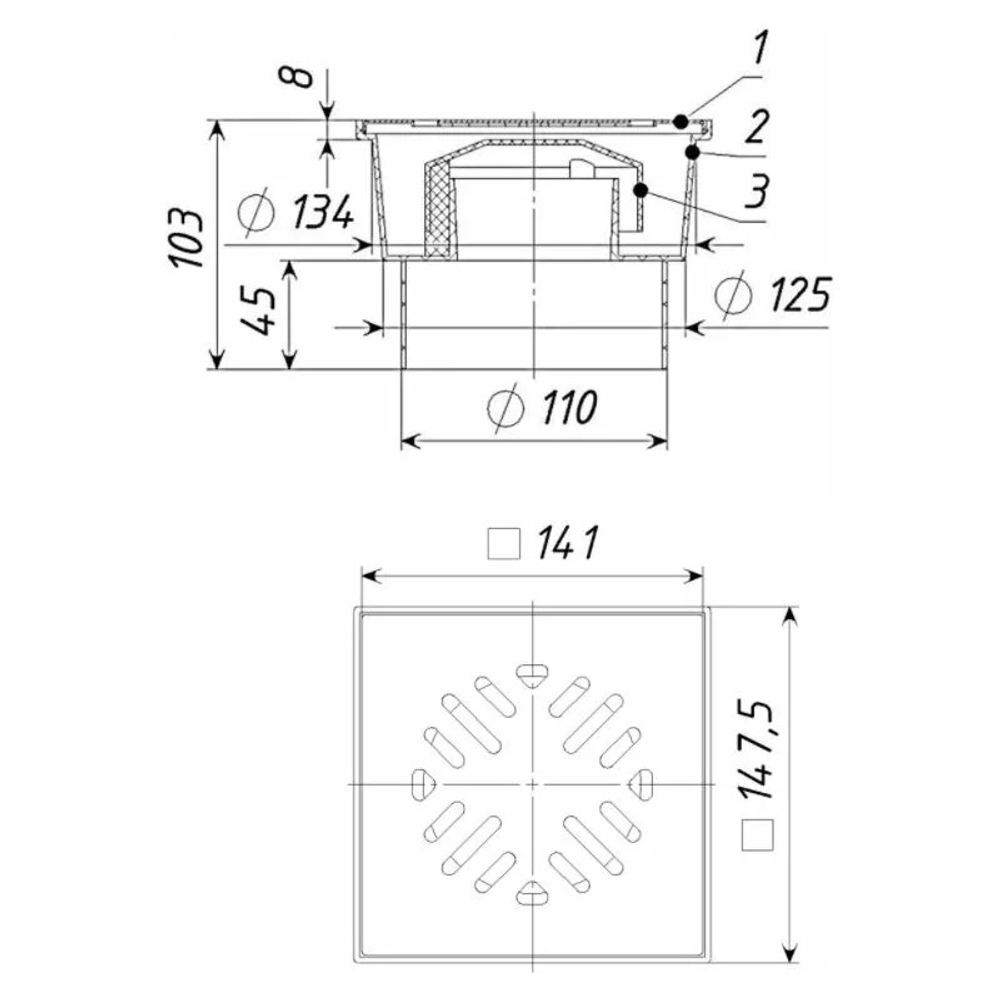Трап вертикальный 150х150 мм нержавеющая сталь d=110 мм
