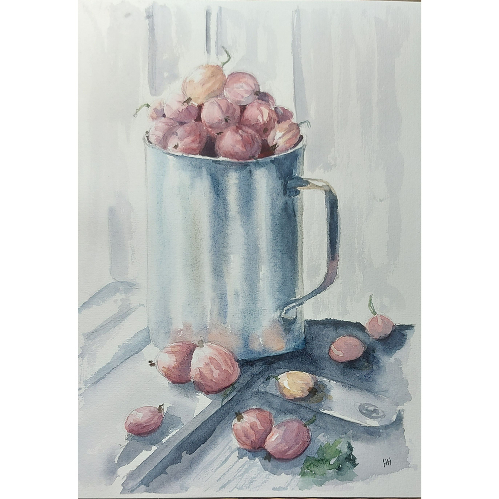 Картина авторская акварельная в паспарту 30х40 см на стену для интерьера "Летний завтрак"