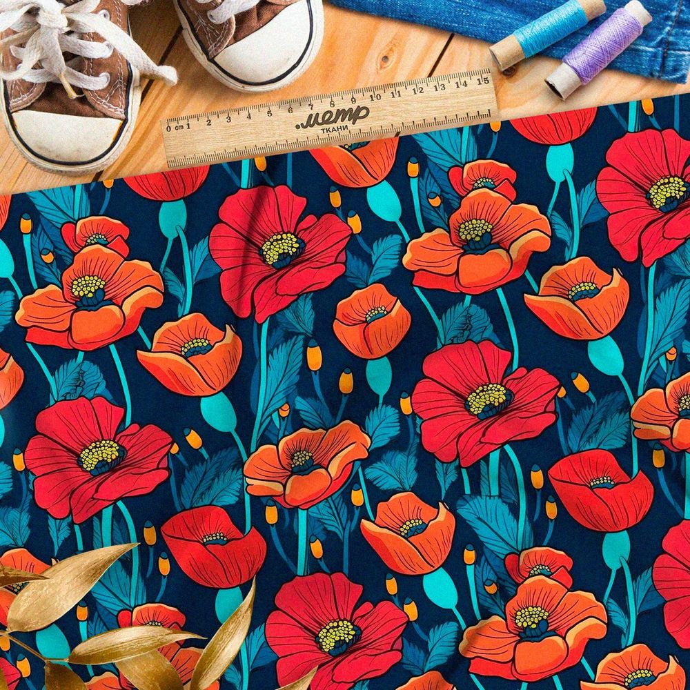 Ткань премиум шифон ночное поле маков