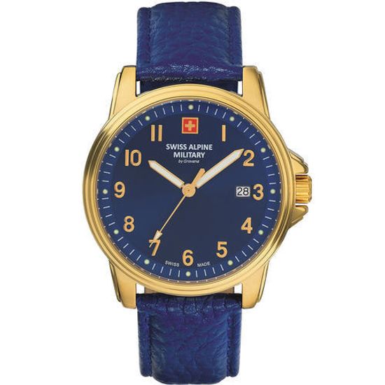 С ремешком Мужские наручные часы с синим кожаным ремешком Swiss Alpine Military 7011.1515 mens 40mm 10ATM
