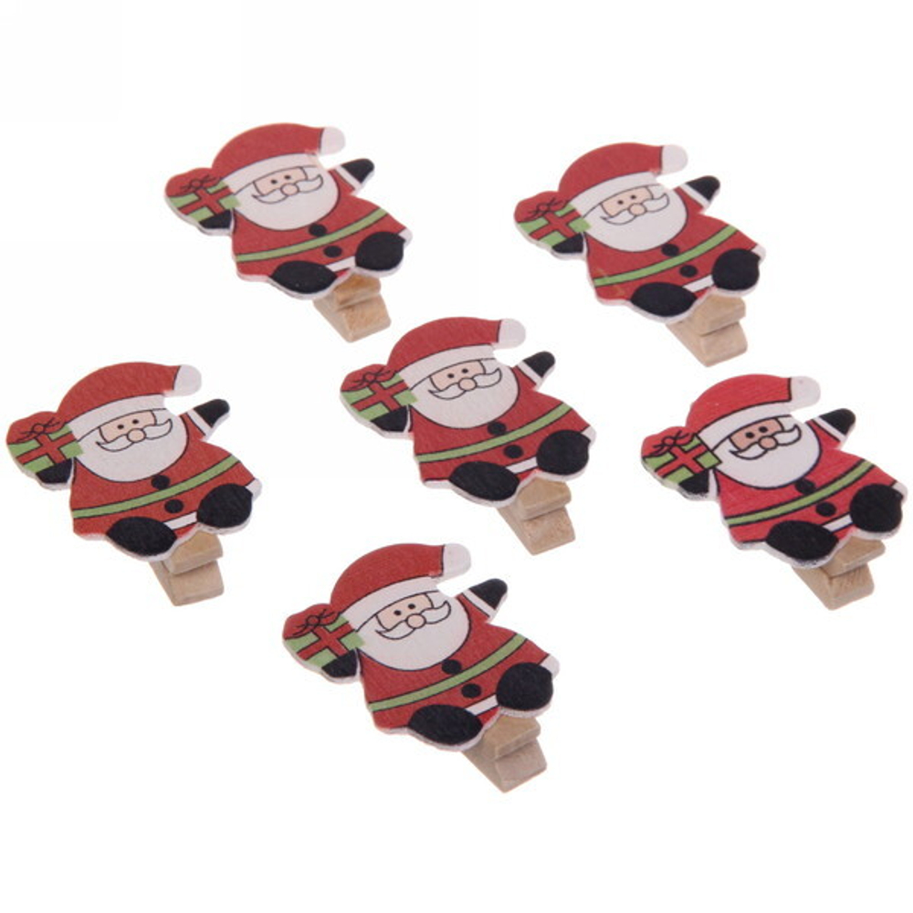 Прищепки декоративные «Дед Мороз с подарком» 3,5 см (набор 6 шт)