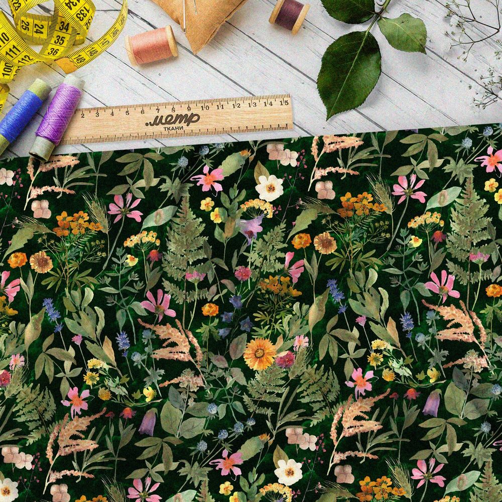 Ткань дюспо цветы, колосья и трава на чёрном фоне