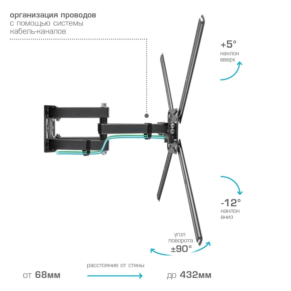 Kromax CORBEL-9 grey titan { 32"-75";  Максимальная нагрузка: 50 кг;  VESA: 200x200, 200х300, 200х400, 300х200, 300х300, 300х400, 400х200, 400х300, 400х400, 600х400 мм;  Наклон: +5°-12°Поворот: ±90°}