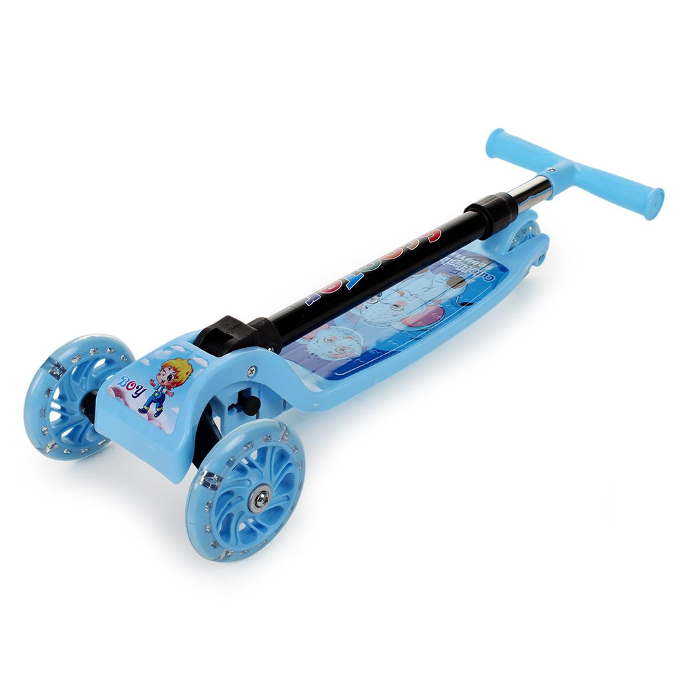 Кикборд эконом самокат детский 3 х колесный, со светом, голубой