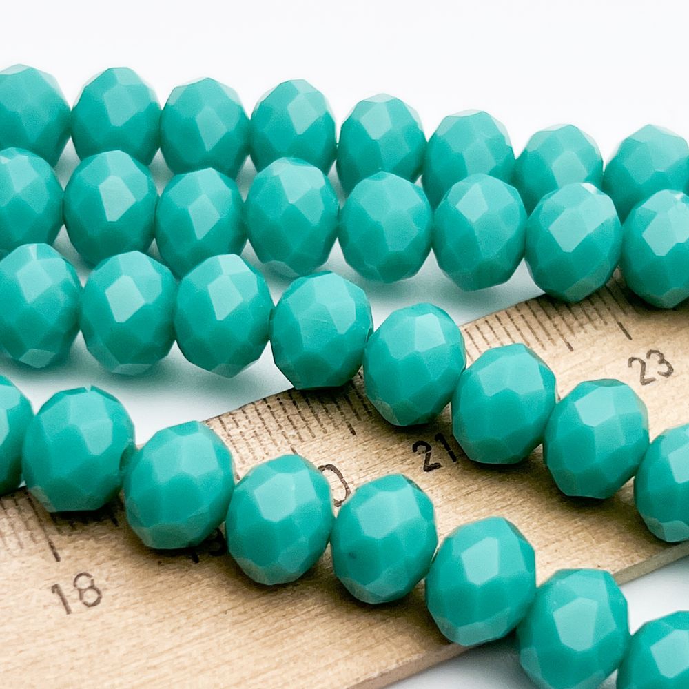 Бусины рондель с огранкой, стекло, цвет бирюзовый, размер около 7,7*9,7 мм, цена за 24-25 шт (1/2 нити)