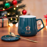 Керамическая кружка с крышкой и ложкой в подарочной упаковке, 9,5*7,7 см, темно-зеленый/серый, 400 мл