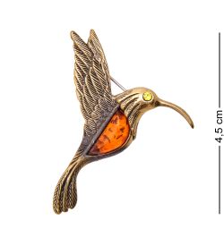 AM-3448 Брошь «Колибри» (латунь, янтарь)