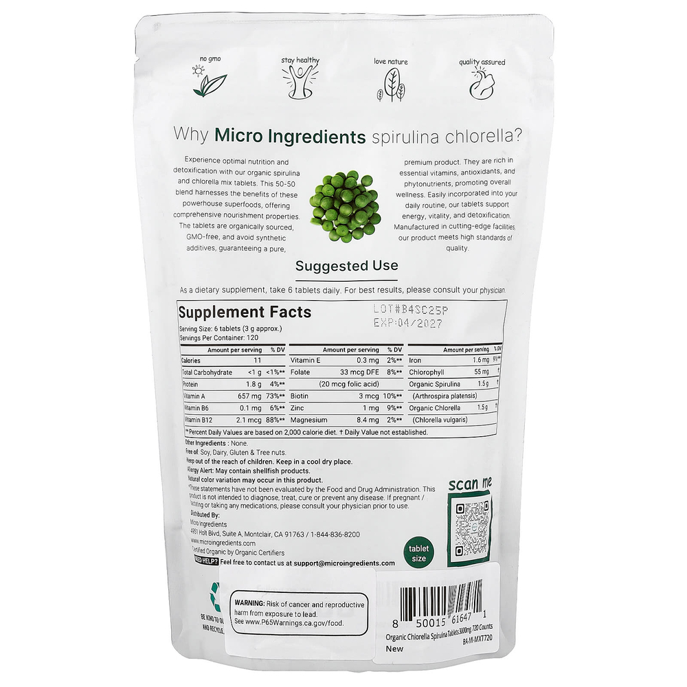 Micro Ingredients, Органическая спирулина и хлорелла, 720 таблеток