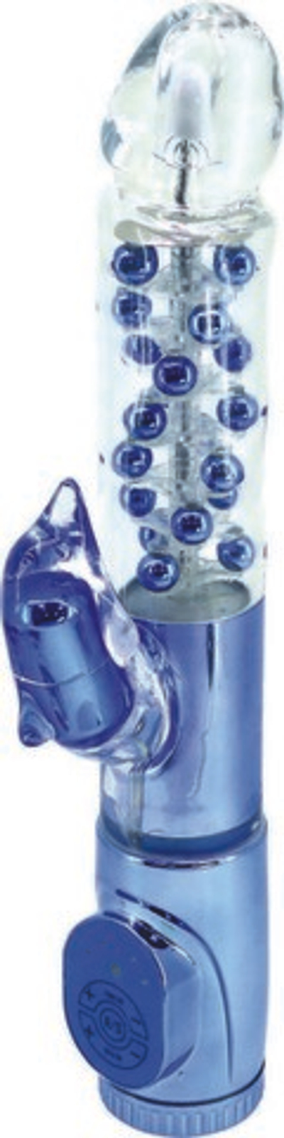 Синий вибратор с клиторальным стимулятором в виде дельфина - 17 см.