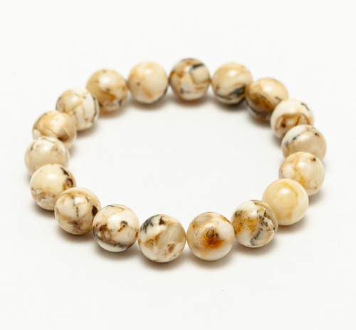 Браслет из белого пейзажного янтаря, бусины 9 мм. Янтарь натуральный калининградский