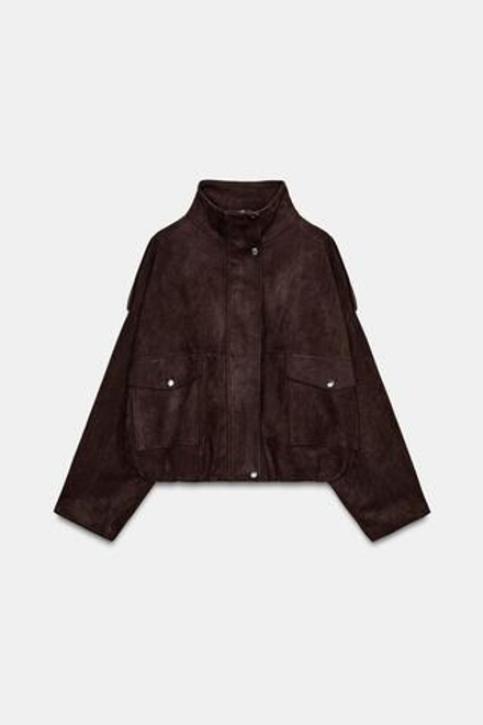 ZARA КУРТКА ИЗ ИСКУССТВЕННОЙ ЗАМШИ С ПОГОНАМИ, ШОКОЛАДНО-КОРИЧНЕВЫЙ