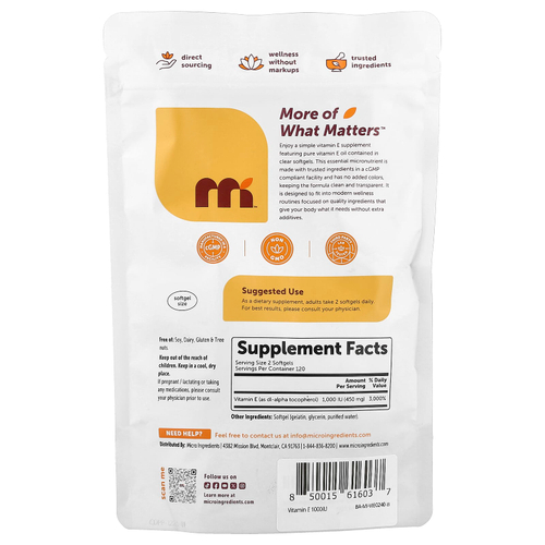 Micro Ingredients, Витамин E, 240 мягких таблеток (500 МЕ в каждой капсуле)