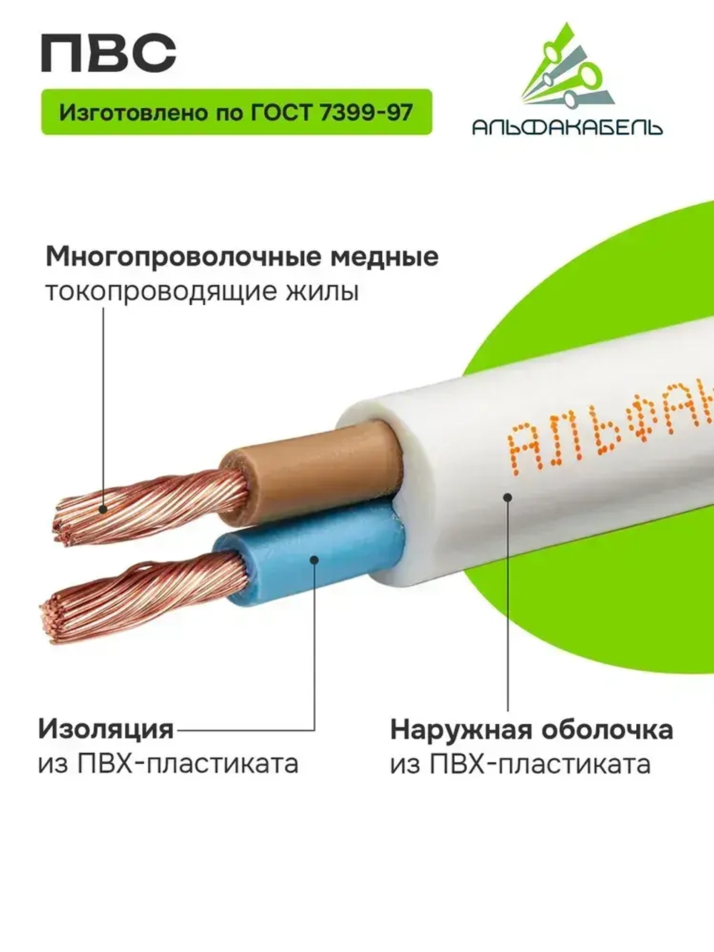 Провод электрический Альфакабель ПВС 2х2,5 ГОСТ, бухта 5м