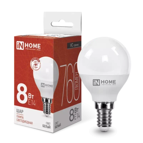 Лампа светодиодная LED-ШАР-VC 8Вт 230В Е14 4000К БЕЛЫЙ 760Лм IN HOME