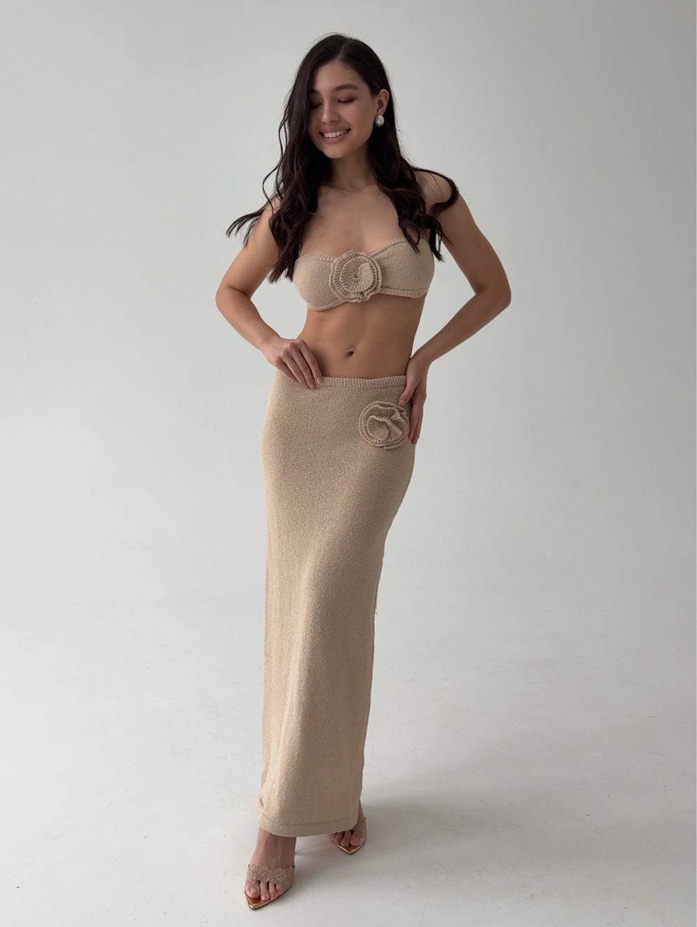 Комплект вязаный, топ бандо и длинная юбка