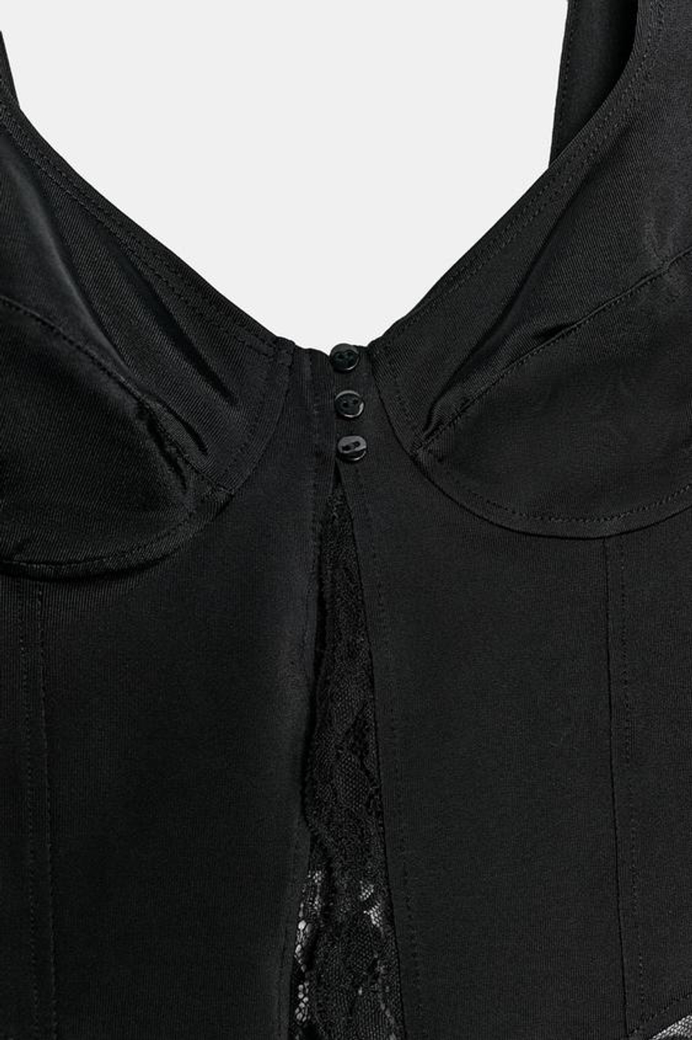 ZARA ТОП ИЗ ПОЛИАМИДА С КРУЖЕВОМ И ПУГОВИЦАМИ, ЧЕРНЫЙ