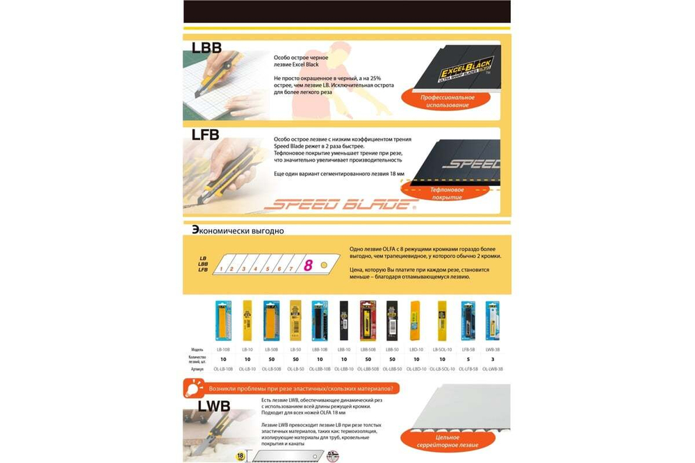 Сегментированные лезвия OLFA Excel Black 18х100х0.5 мм, 10 шт OL-LBB-10B