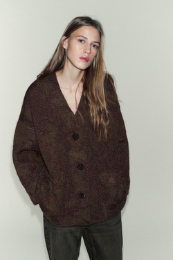 ZARA ЖАКЕТ ИЗ ТРИКОТАЖА С БЛЕСТЯЩЕЙ НИТЬЮ, КОРИЧНЕВЫЙ