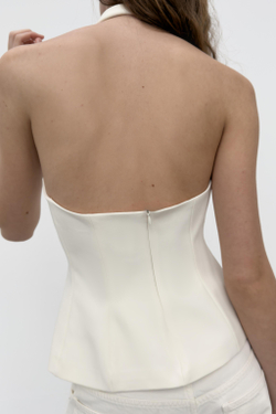 ZARA ТОП С ГОРЛОВИНОЙ ХАЛТЕР И ЗАСТЕЖКАМИ-КЛЫКАМИ, ЖЕЛТОВАТО-БЕЛЫЙ